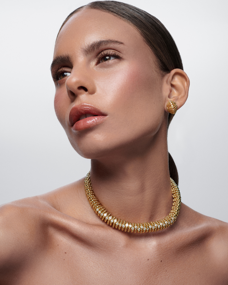 Ravi Lune gold necklace paired perfectly with Lune Stud Earrings