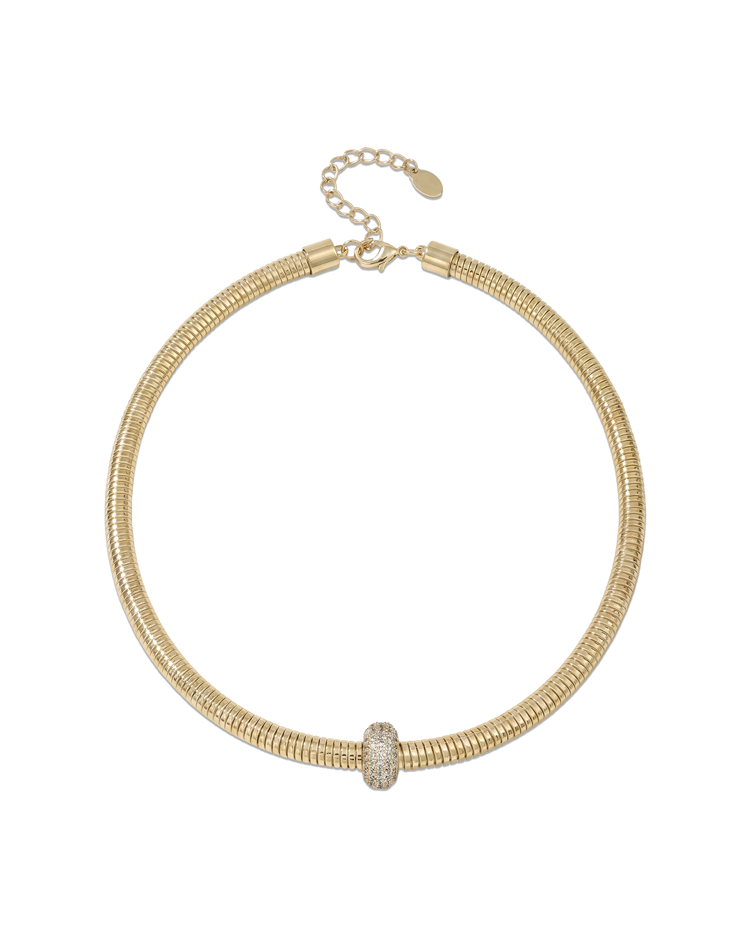 Gold necklace with ribbed texture designed as wearable statement piece that wraps naturally around the neckline