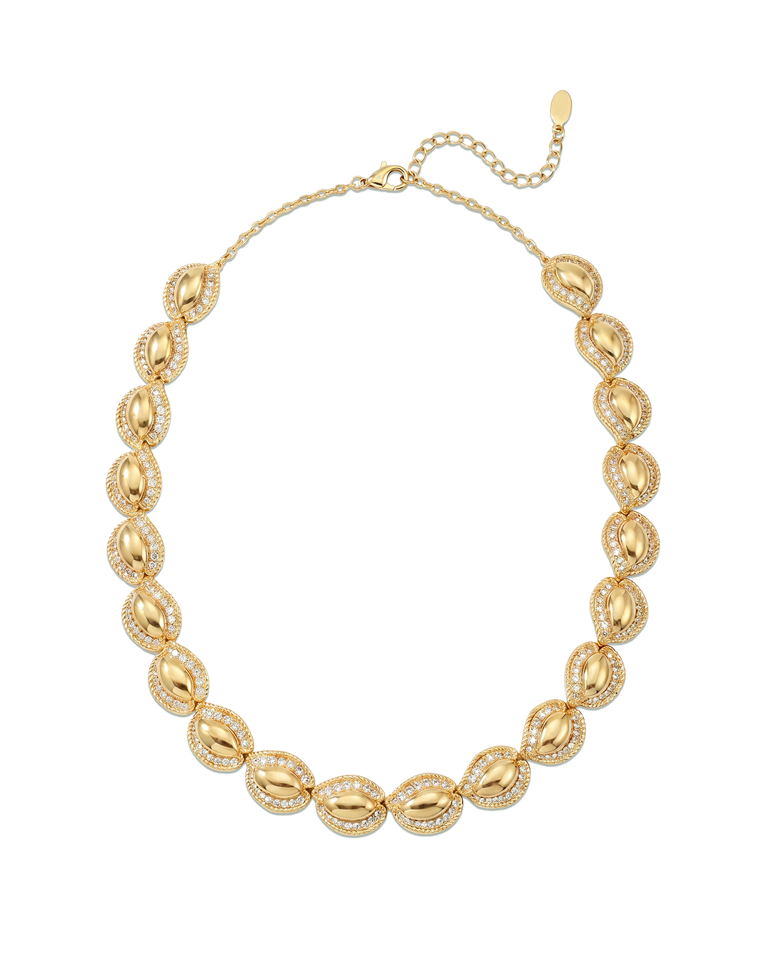 Sculptural statement Gold necklace with leaf-like pendants on a white background