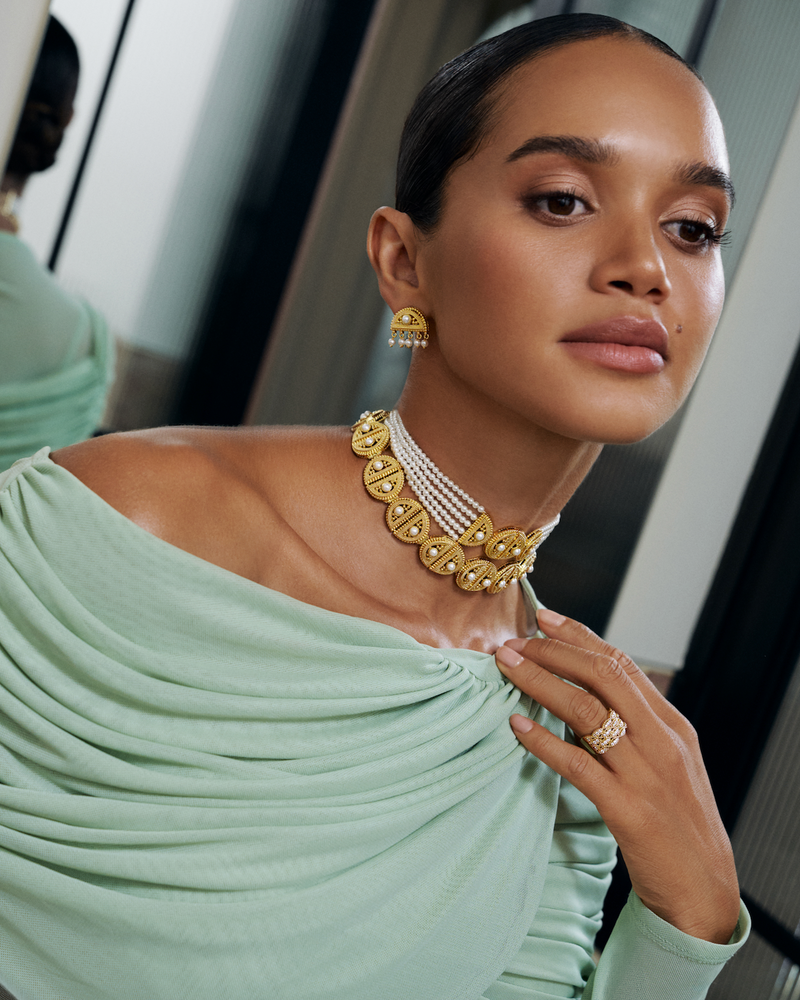 pearl beaded necklace with matching earrings