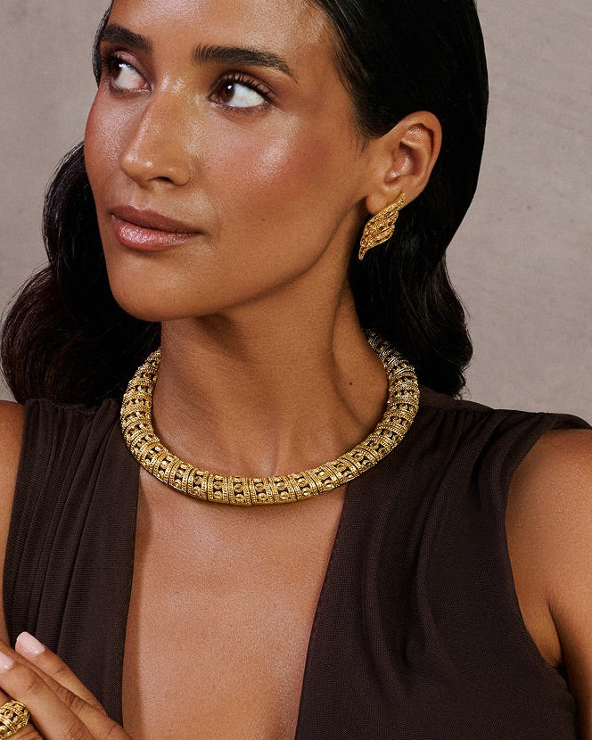 Statement earrings and collar necklace handmade and plated with 24 K gold