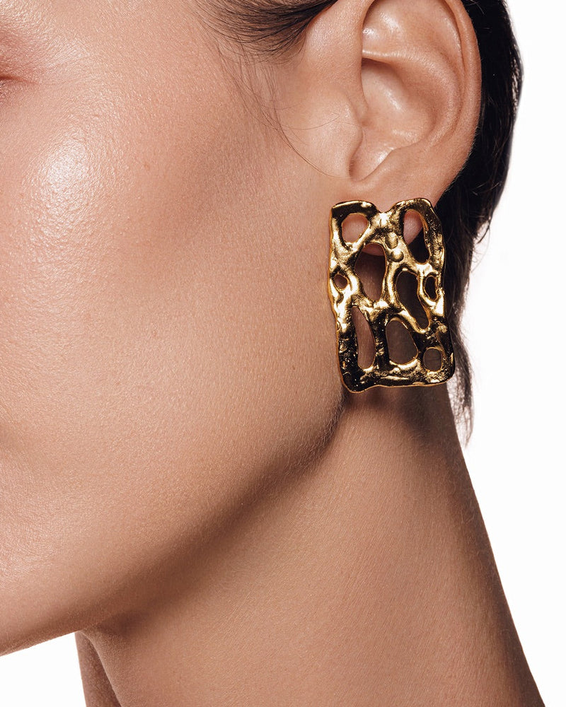 Chunky gold geometric earrings for women – rectangular design with embossed mystical details, bold statement jewelry.