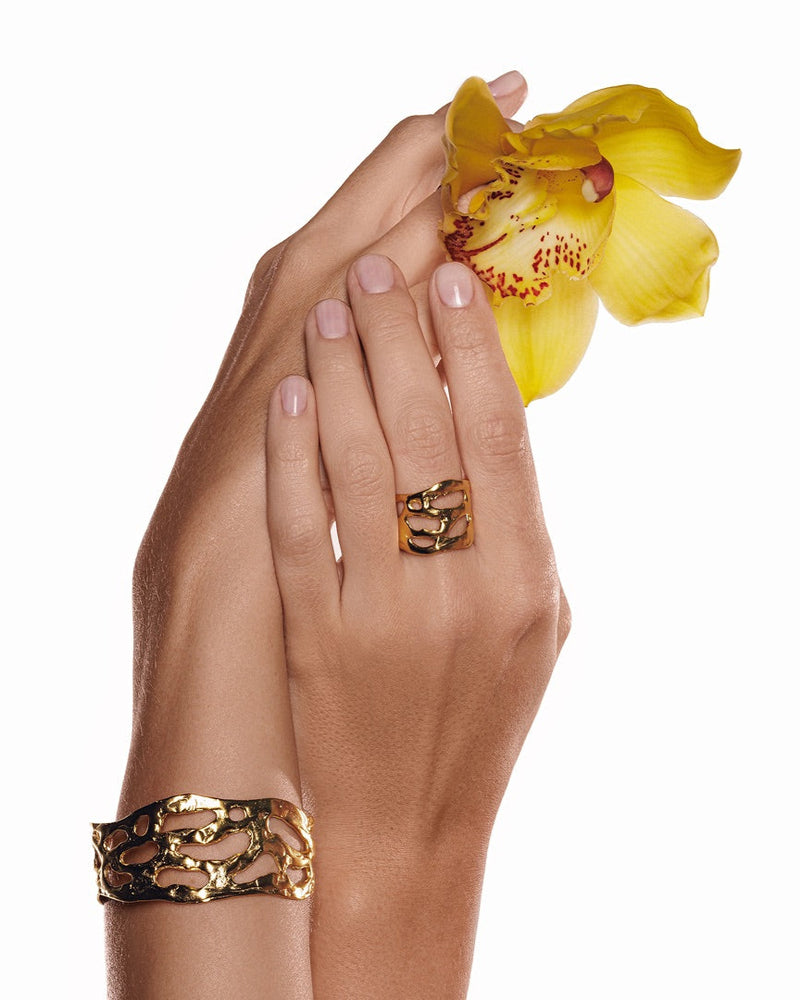 24k gold Mystic Embossed Ring with sleek, minimalist design – an adjustable stacking ring for women seeking simple yet elegant everyday jewelry.