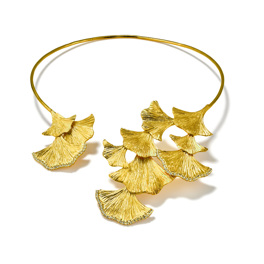 Handmade floral necklace in gold, botanical-inspired collar design
