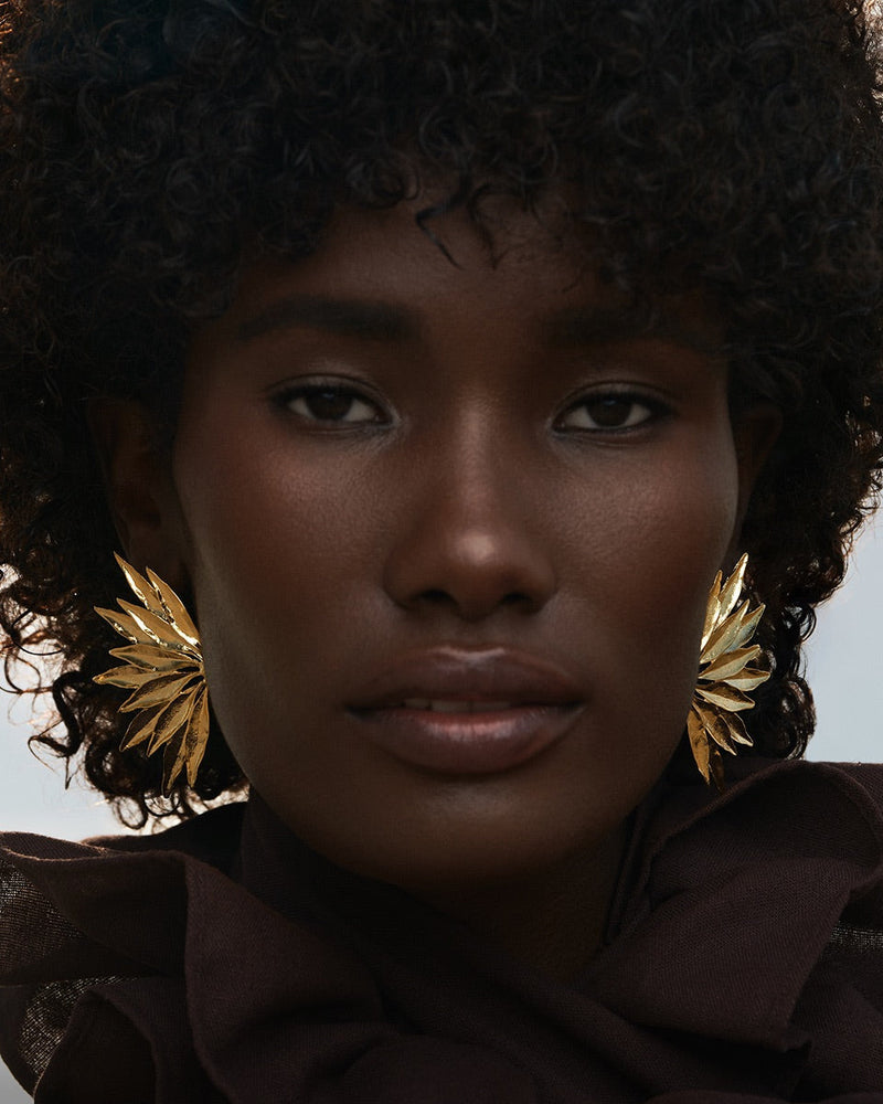 Gold dahlia design earrings for all-day wear