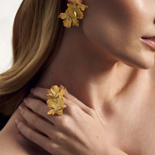 Gold vine ring with zirconia studs – botanical 24k gold jewellery for her UK