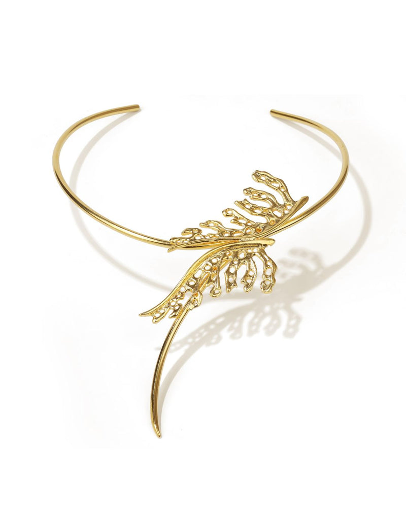 Mystic Leaf Collar Necklace in 24k gold plating, handcrafted design