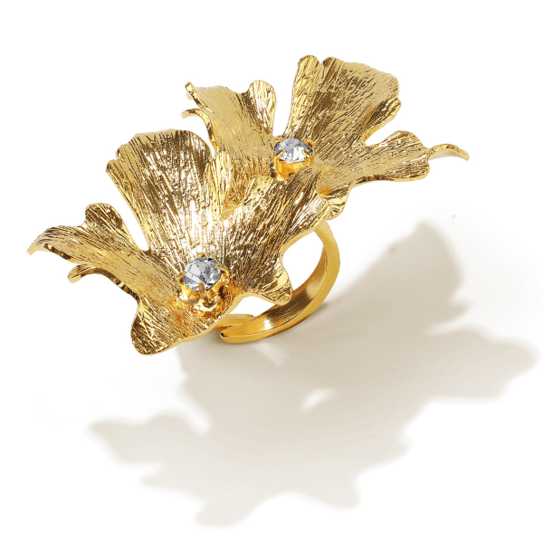 24k gold plated adjustable vine leaf ring with zirconia – elegant gold statement ring for women