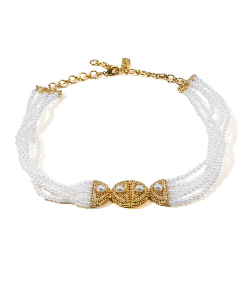 Ravi Hemisphere Pearl Necklace featuring a lustrous freshwater pearl set in a modern gold half-dome pendant, elegant minimalist jewelry for everyday wear and special occasions.