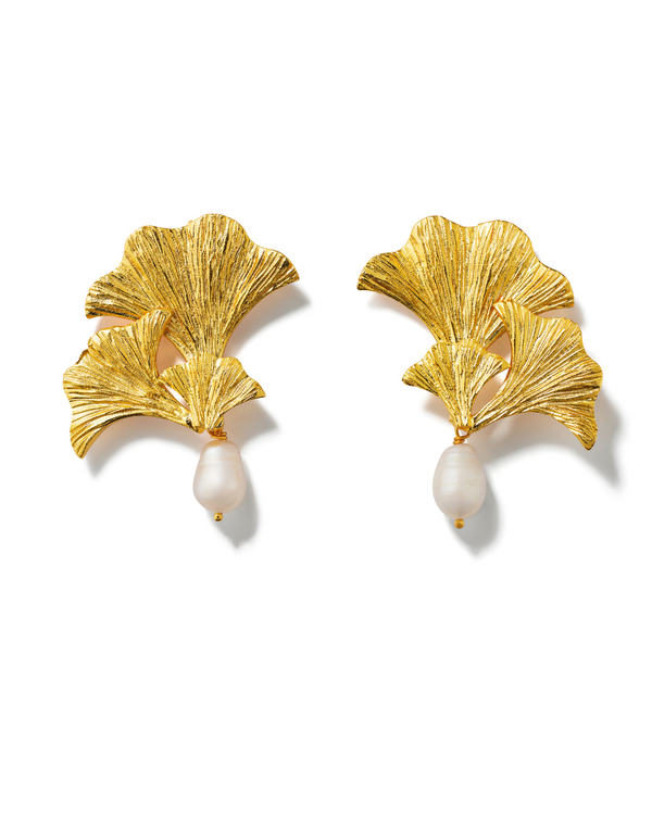 Enchanted Flora Pearl Drop Earrings in 24k gold plating, handcrafted floral design