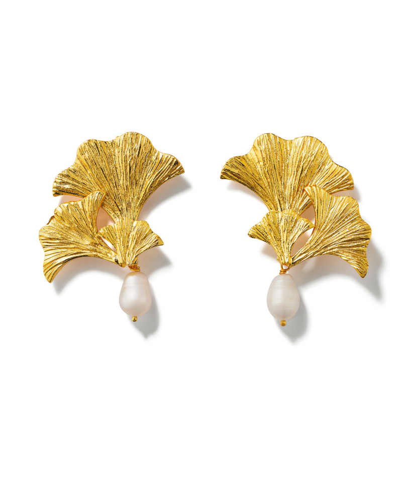 Enchanted Flora Pearl Drop Earrings in 24k gold plating, handcrafted floral design