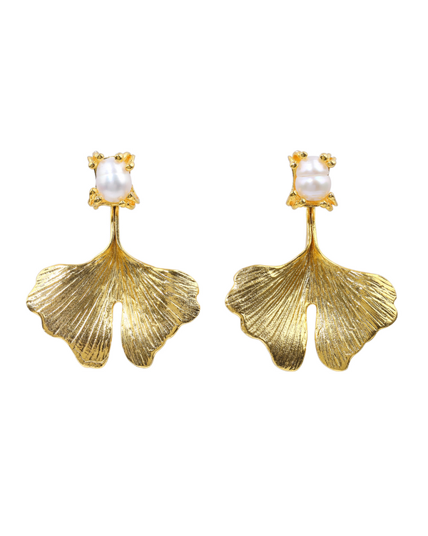 Gold floral earrings with pearl drops