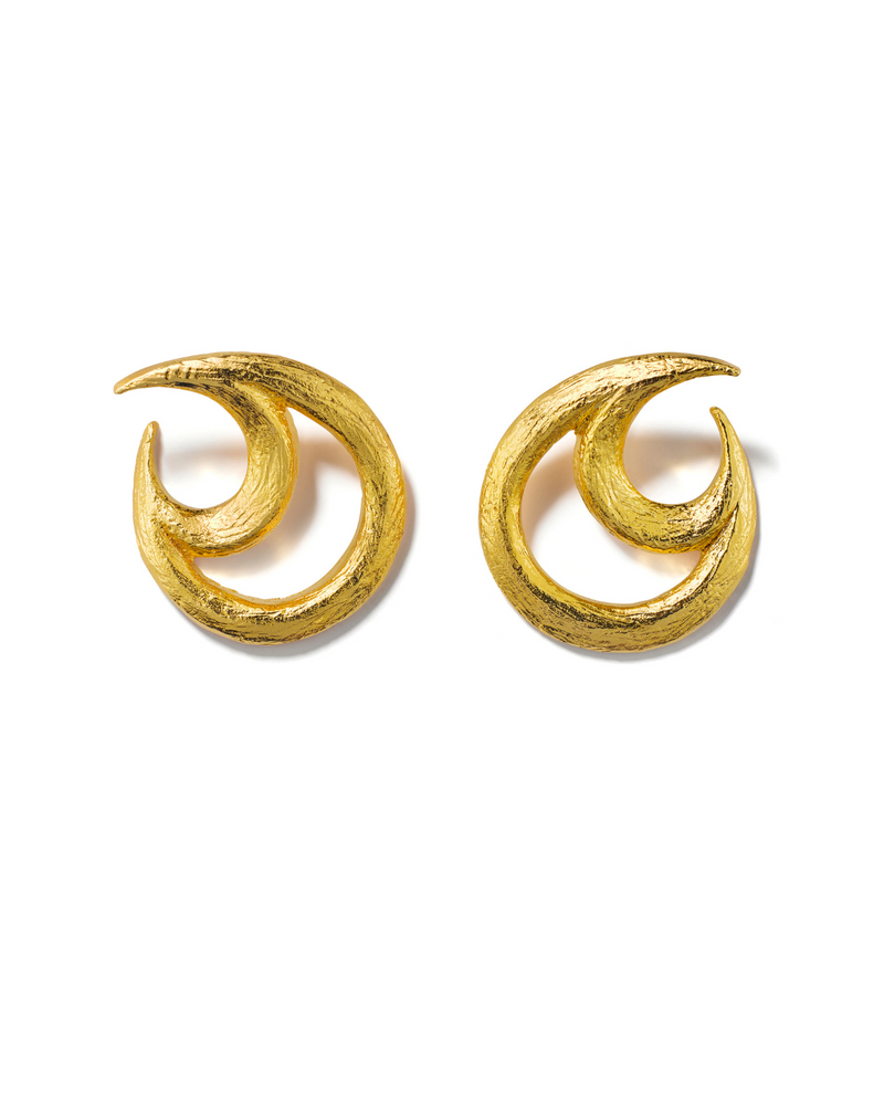 Handmade floral gold earrings, crescent-shaped botanical design