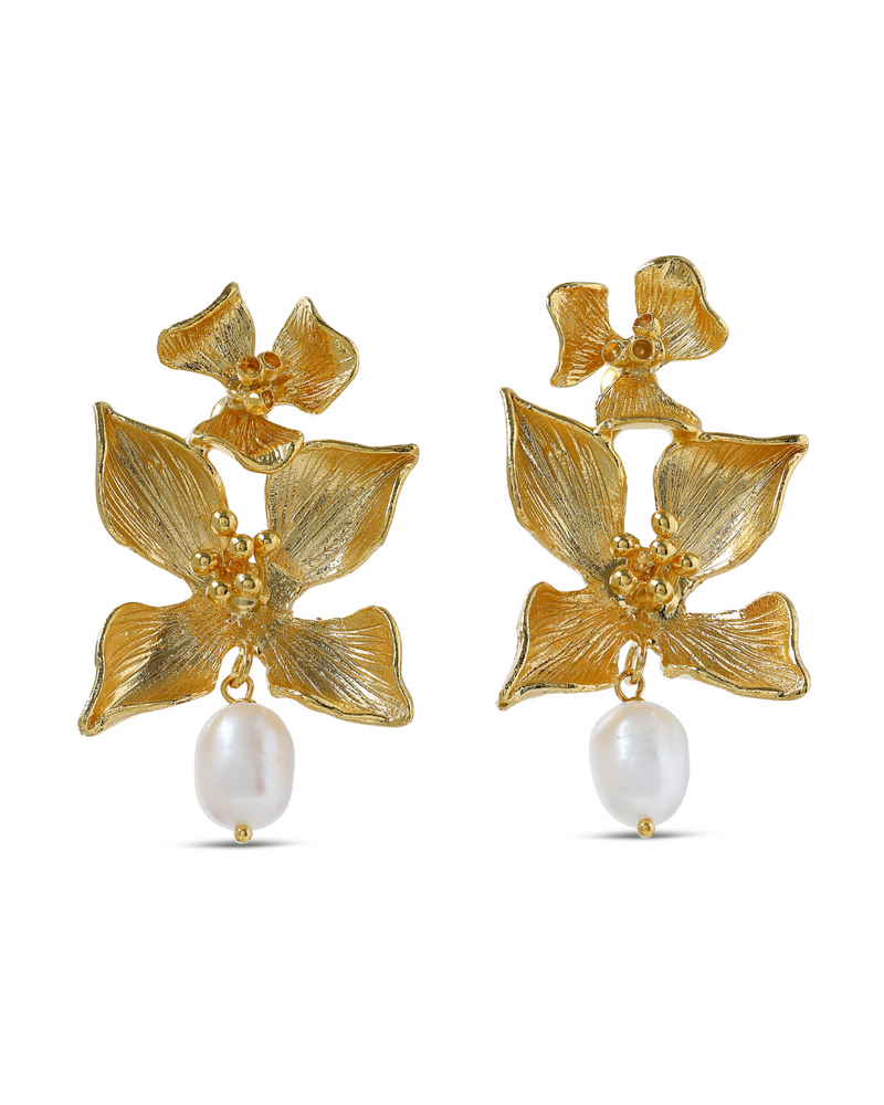 blossom flower pearl drop gold earrings lynyer