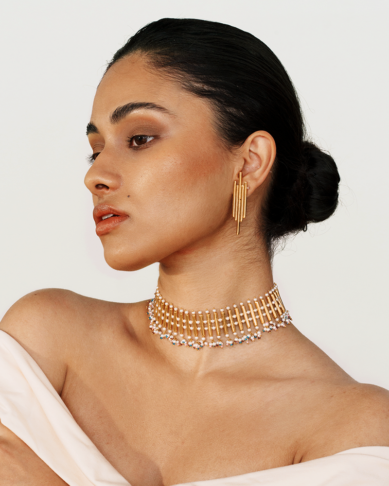 24k gold-plated pearl choker with colorful accents