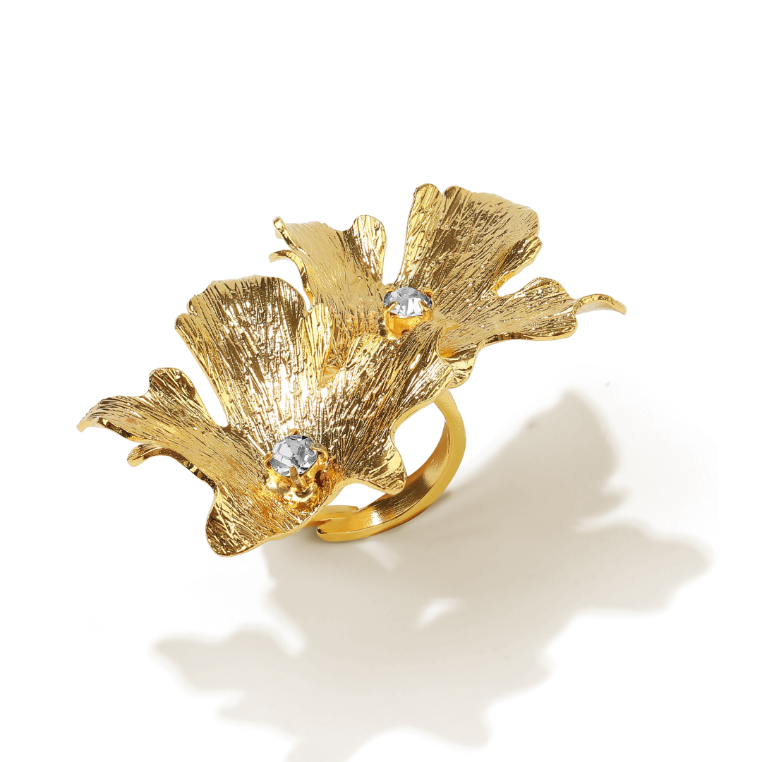 24k gold plated adjustable vine leaf ring with zirconia – elegant gold statement ring for women