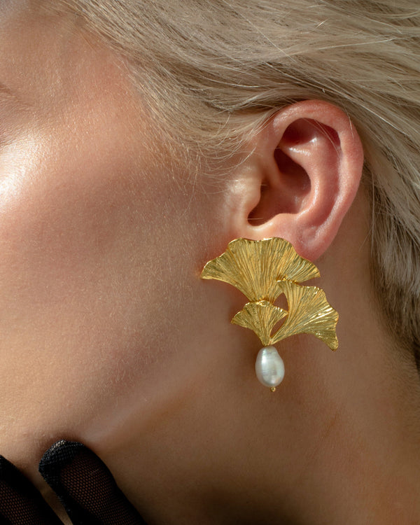 Enchanted flora pearl drop earrings lynyer gold handmade