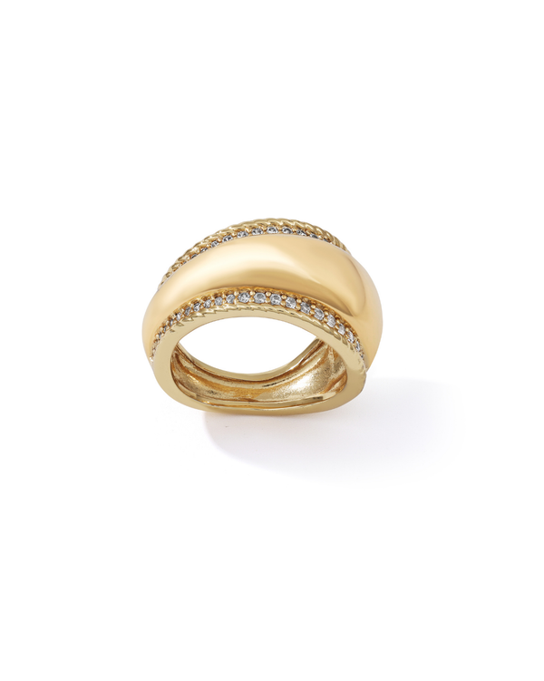 Gold ring with embedded diamonds on a white background sculptural 
