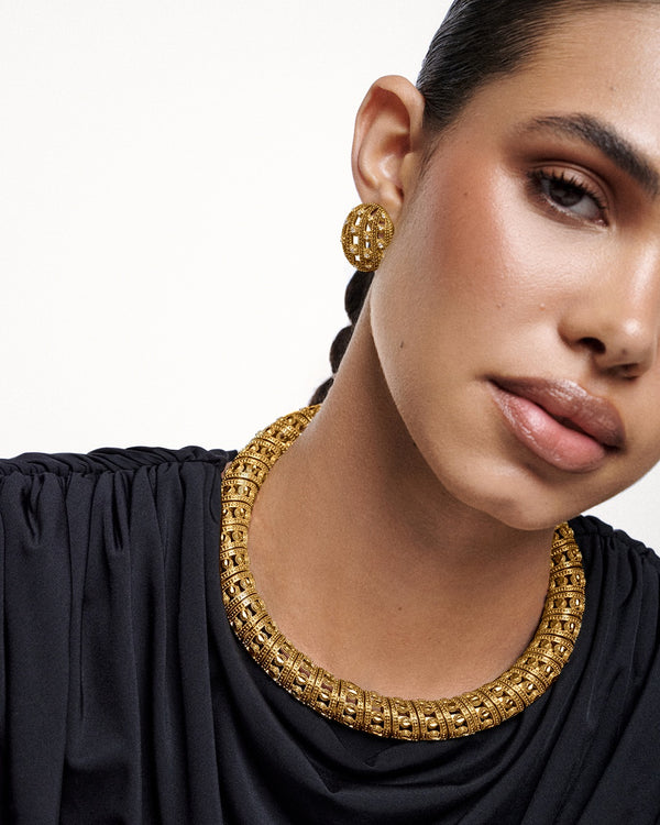 24K gold-plated handmade round earrings and collar necklace set.