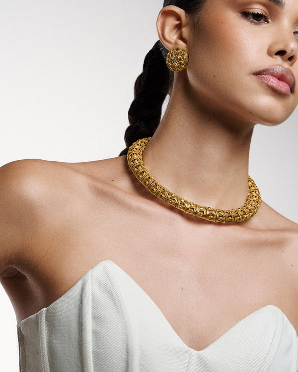 24K gold-plated dome earring and collar necklace set