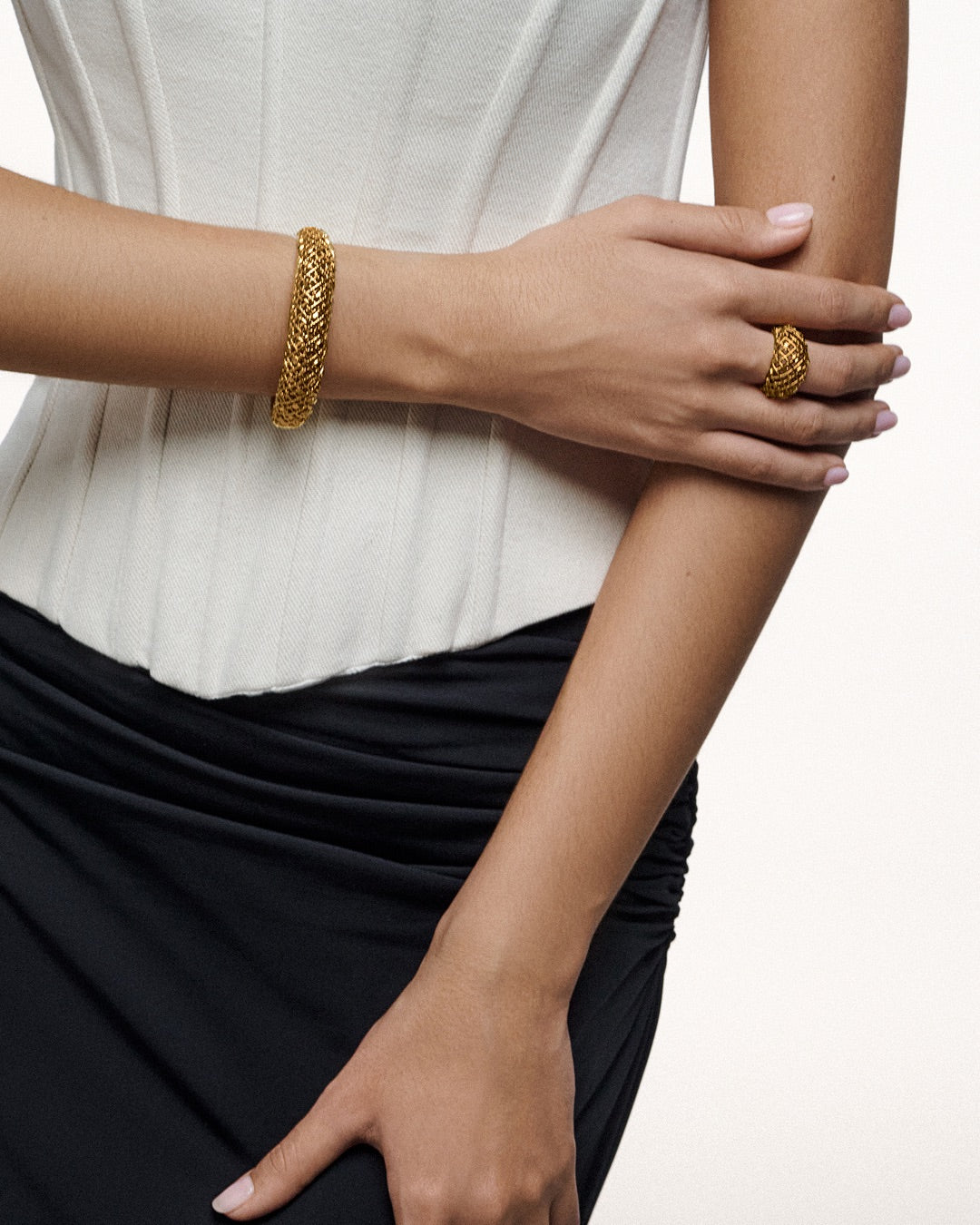 Woven bangle paired with woven ring