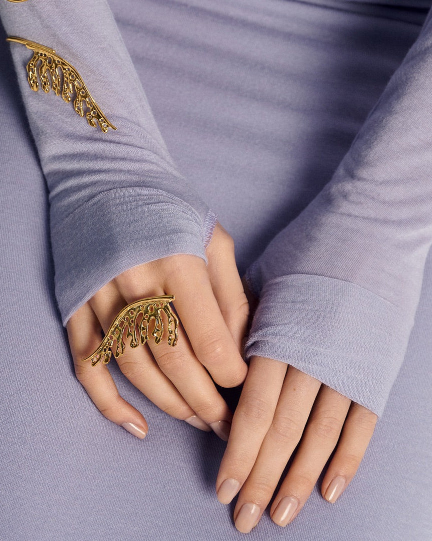 Gold Mystic Leaf Ring with adjustable band and sculpted leaf design, combining comfort, elegance, and nature-inspired style for stacking or solo wear.