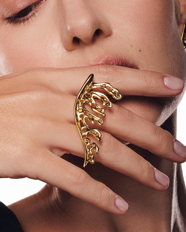 24k gold-plated adjustable leaf ring featuring delicate nature-inspired detailing, perfect for stacking or wearing solo for a bold, feminine touch.