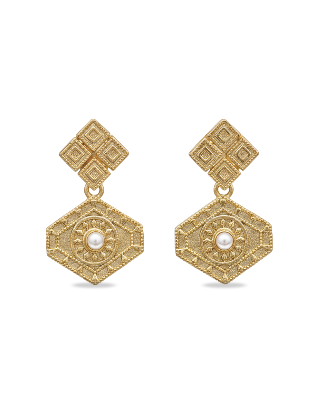 Gold geometric drop earrings with pearls
