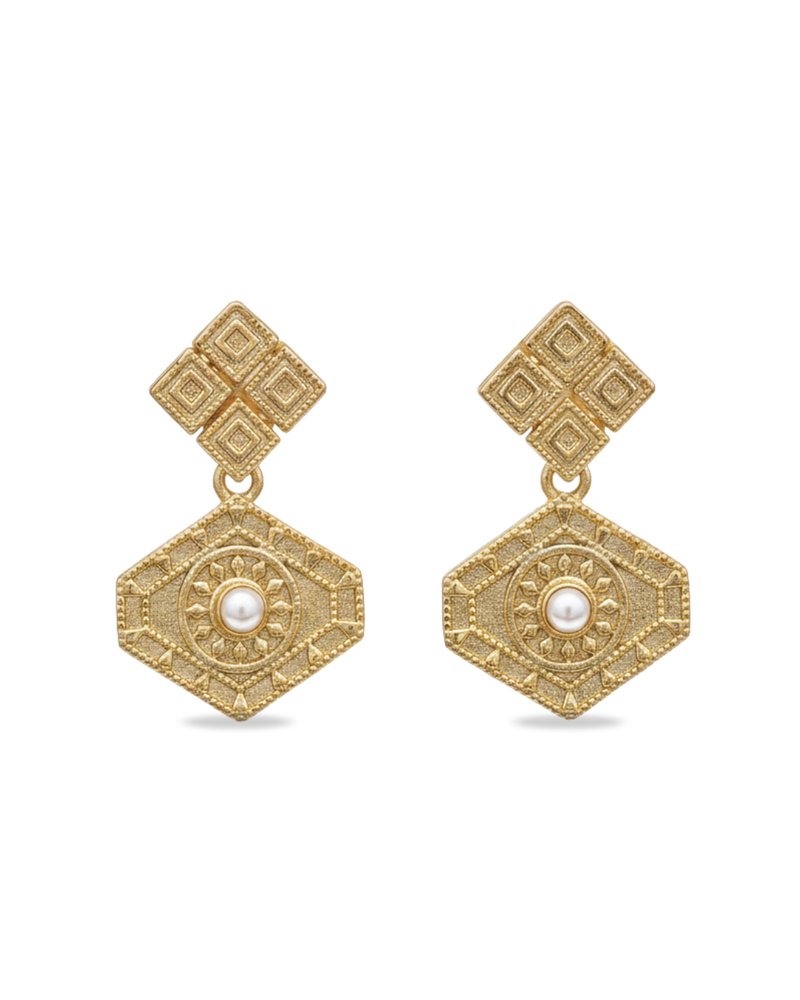 Gold geometric drop earrings with pearls