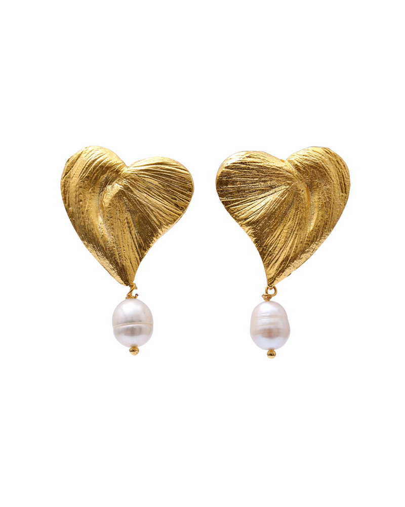 Solid Heart Pearl Drop Earrings in 24k gold plating, handcrafted romantic design