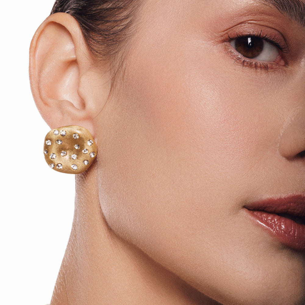 unique shaped chunky gold plated disc earrings with zirconia studs 