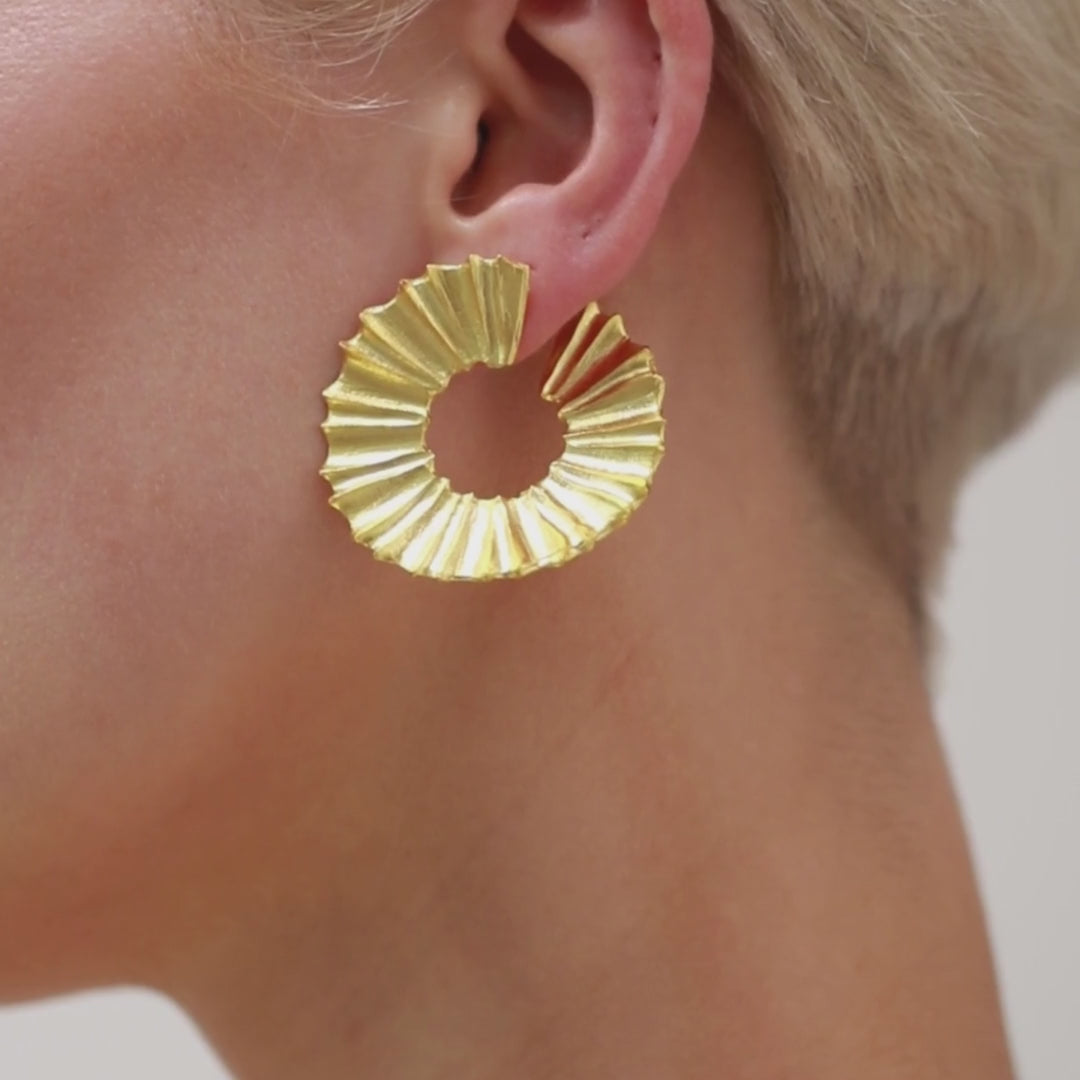 gold pleated disc earrings handmade