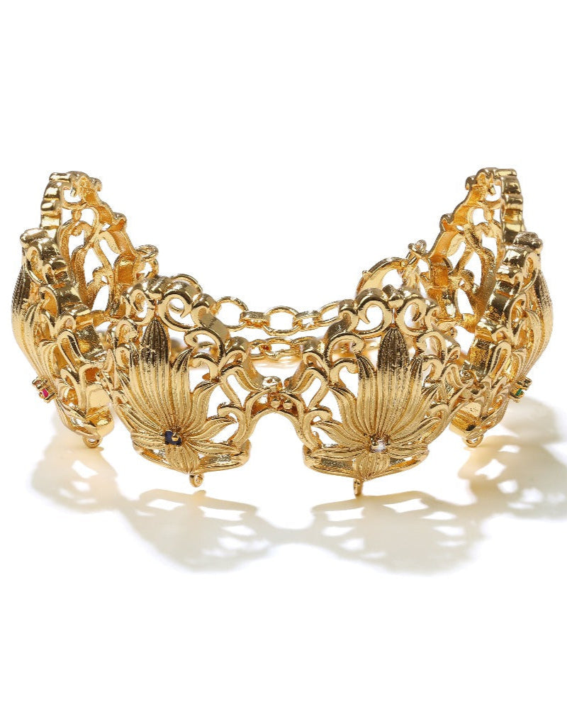Gold lotus bracelet for women with vibrant gemstone accents