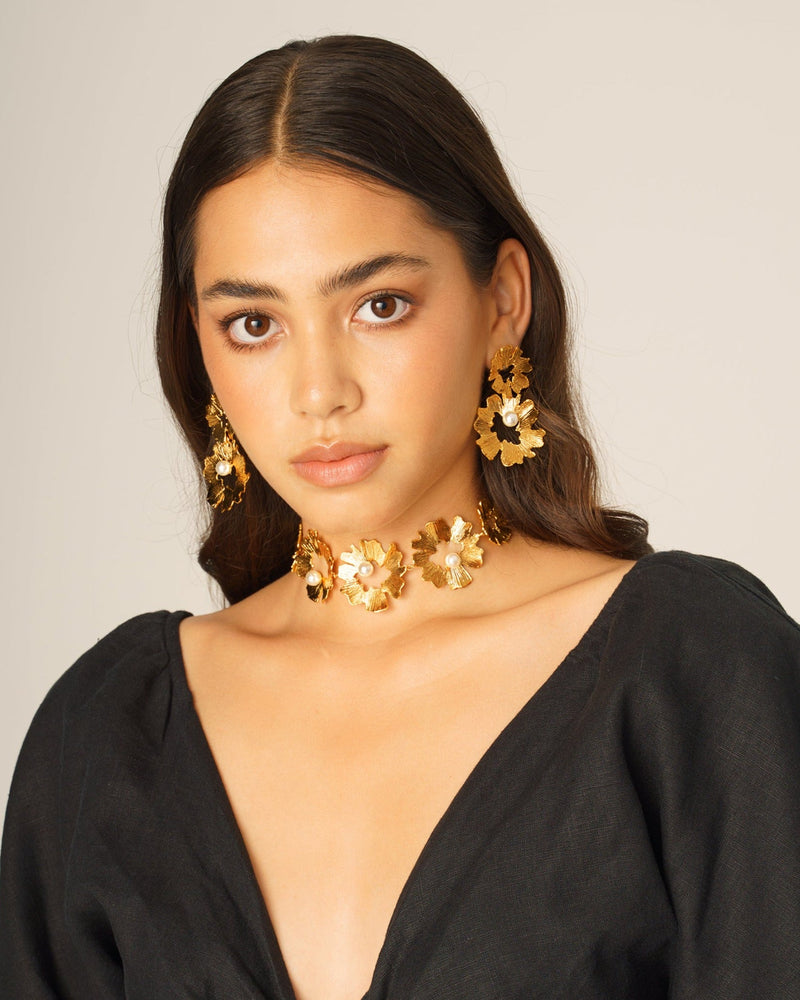 Gaia Pearl Choker styled with matching earrings
